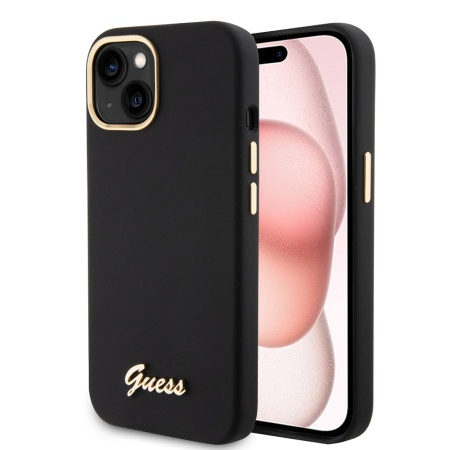 Husa pentru iPhone 15 Silicone Script Metal Logo & Frame, Guess - Negru
