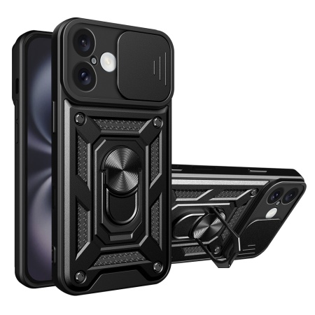 Husa pentru iPhone 16 Plus, SKYDDAR INNOVATION, CamShield, Negru, set cu sticker