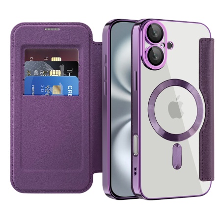 Husa pentru iPhone 16 Plus tip carte, SKYDDAR INOVATION, SmartMag Book, Magsafe, RFiD, Suport Carduri, set cu sticker, Mov