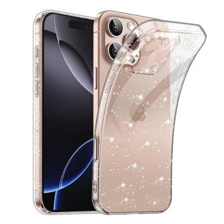 Husa pentru iPhone 16 Pro Max, SKYDDAR INNOVATION, SparkleSkin din Silicon TPU cu Sclipici, Design Elegant, Transparenta, set cu sticker