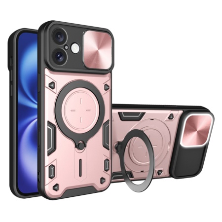 Husa pentru iPhone 16, SKYDDAR INNOVATION, CamGuard Pro, Inel Magnetic, Protectie Camera, Roz auriu, set cu sticker