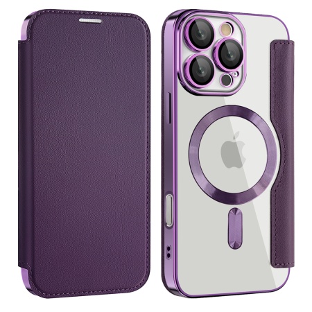 Husa pentru iPhone 17 tip carte, SKYDDAR INOVATION, SmartMag Book, Magsafe, RFiD, Suport Carduri, set cu sticker, Mov