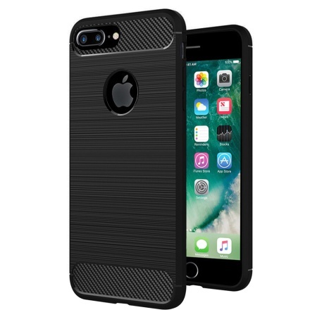 Husa pentru iPhone 7 Plus, SKYDDAR INNOVATION, Carbon Silicone, din Silicon Slim, cu textura Fibra Carbon, set cu sticker, Negru