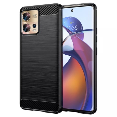 Husa pentru Motorola Edge 30 Fusion, SKYDDAR INNOVATION, Carbon Silicone, din Silicon Slim, cu textura Fibra Carbon, set cu sticker, Negru