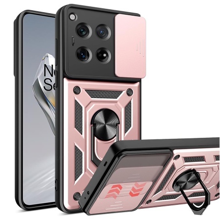 Husa pentru OnePlus 12, SKYDDAR INNOVATION, CamShield, Inel magnetic, set cu sticker, Roz