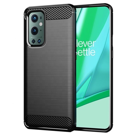 Husa pentru OnePlus 9 Pro, SKYDDAR INNOVATION, Carbon Silicone, din Silicon Slim, cu textura Fibra Carbon, set cu sticker, Negru