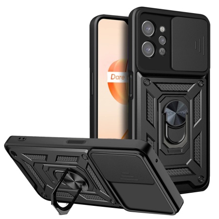 Husa pentru Realme C31, SKYDDAR INNOVATION, CamShield, Inel magnetic, set cu sticker, Negru