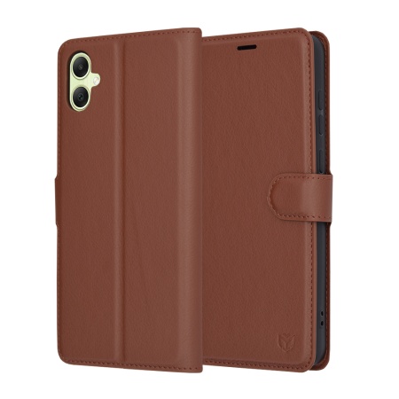 Husa pentru Samsung Galaxy A05, SKYDDAR INNOVATION, Leather Folio tip Carte, cu Portofel Interior, Finisaje Premium, set cu sticker, Maro