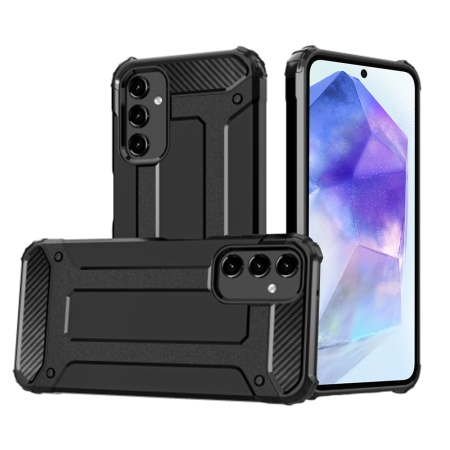 Husa pentru Samsung Galaxy A55 5G, SKYDDAR INNOVATION, Hybrid Armor, din Plastic Dur, Margini Cauciucate, Antisoc, Negru, set cu sticker