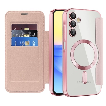 Husa pentru Samsung Galaxy A55 5G tip carte, SKYDDAR INOVATION, SmartMag Book, Magsafe, RFiD, Suport Carduri, set cu sticker, Roz