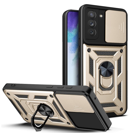 Husa pentru Samsung Galaxy S21 FE 5G, SKYDDAR INNOVATION, CamShield, Inel magnetic, set cu sticker, Auriu
