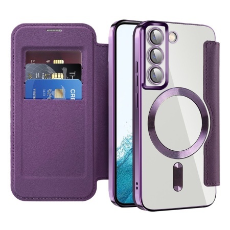 Husa pentru Samsung Galaxy S22 5G tip carte, SKYDDAR INOVATION, SmartMag Book, Magsafe, RFiD, Suport Carduri, set cu sticker, Mov