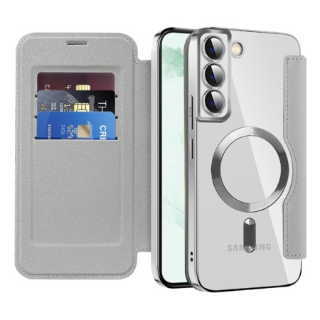 Husa pentru Samsung Galaxy S22 Plus 5G tip carte, SKYDDAR INOVATION, SmartMag Book, Magsafe, RFiD, Suport Carduri, set cu sticker, Gri