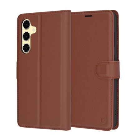 Husa pentru Samsung Galaxy S24 FE, SKYDDAR INNOVATION, Leather Folio tip Carte, cu Portofel Interior, Finisaje Premium, set cu sticker, Maro