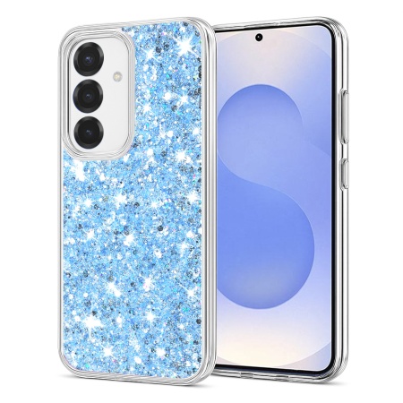 Husa pentru Samsung Galaxy S25, SKYDDAR INNOVATION, SparkleCase, din Silicon cu Sclipici, Protectie Completa, Bleu, set cu sticker