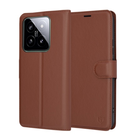 Husa pentru Xiaomi 14, SKYDDAR INNOVATION, Leather Folio tip Carte, cu Portofel Interior, Finisaje Premium, set cu sticker, Maro