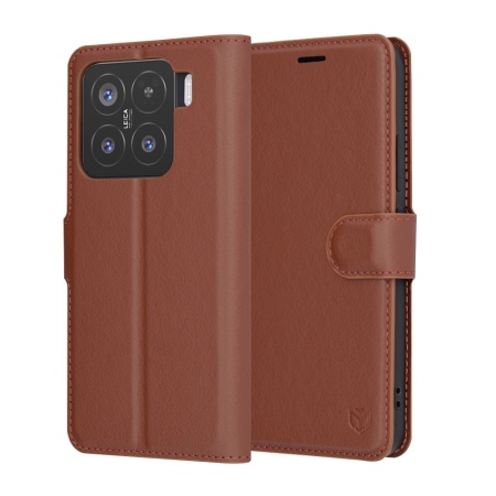 Husa pentru Xiaomi 15, SKYDDAR INNOVATION, Leather Folio tip Carte, cu Portofel Interior, Finisaje Premium, set cu sticker, Maro