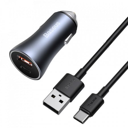 Incarcator auto USB-A, USB-C, 40W cu cablu USB la Type-C, Baseus (TZCCJD-0G) - Gri inchis