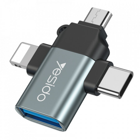 Adaptor USB 3.0 la Lightning, Micro-Usb, Type-C, 480Mbps, Yesido (GS15) - Negru