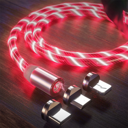 Cablu de Incarcare 3in1, Magnetic, LED Flowing, 1M - Rosu