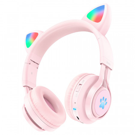 Casti On-Ear pentru copii, pliabile, cu urechi de pisica, BT 5.3, Hoco (W39) - Roz