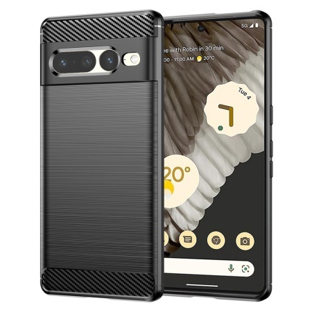 Husa pentru Google Pixel 7 Pro, SKYDDAR INNOVATION, Carbon Silicone, din Silicon Slim, cu textura Fibra Carbon, set cu sticker, Negru