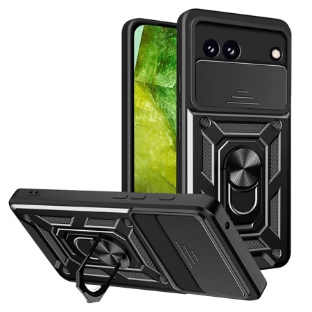 Husa pentru Google Pixel 8a, SKYDDAR INNOVATION, CamShield, Inel magnetic, set cu sticker, Negru