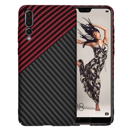 Husa pentru Huawei P20 Pro, SKYDDAR INNOVATION, textura carbon, Carbonite FiberShell, set cu sticker, Rosu inchis,
