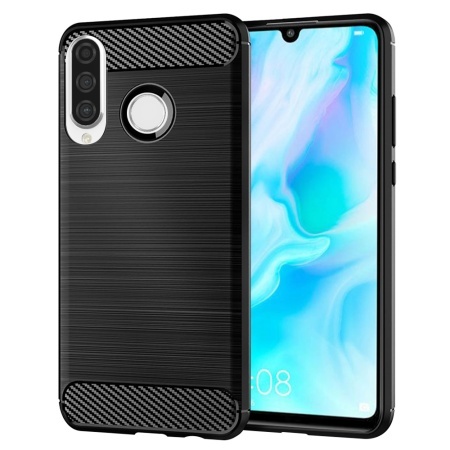 Husa pentru Huawei P30 Lite / P30 Lite New Edition, SKYDDAR INNOVATION, Carbon Silicone, din Silicon Slim, cu textura Fibra Carbon, set cu sticker, Negru