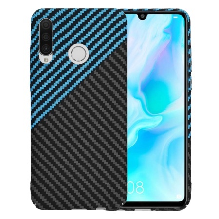 Husa pentru Huawei P30 Lite / P30 Lite New Edition, SKYDDAR INNOVATION, textura carbon, Carbonite FiberShell, set cu sticker, Bleu,