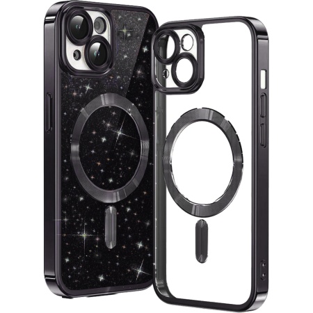 Husa pentru iPhone 13, SKYDDAR INNOVATION, Luxury Glitter Magsafe, Antisoc, Fundal Detasabil 2-in-1, Protectie Superioara, Margini Ridicate, Negru, set cu sticker