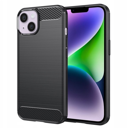 Husa pentru iPhone 14 Plus, SKYDDAR INNOVATION, Carbon Silicone, din Silicon Slim, cu textura Fibra Carbon, set cu sticker, Negru