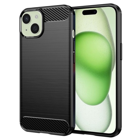 Husa pentru iPhone 15 Plus, SKYDDAR INNOVATION, Carbon Silicone, din Silicon Premium, Slim, cu textura Fibra Carbon, Negru, set cu sticker