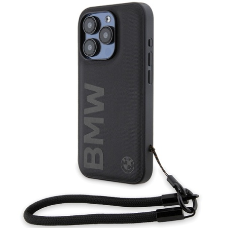Husa pentru iPhone 15 Pro Max, Signature Leather Wordmark Cord, BMW - Negru mat