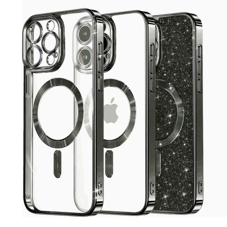 Husa pentru iPhone 15 Pro Max, SKYDDAR INNOVATION, Luxury Glitter Magsafe, Antisoc, Fundal Detasabil 2-in-1, Protectie Superioara, Margini Ridicate, Negru, set cu sticker