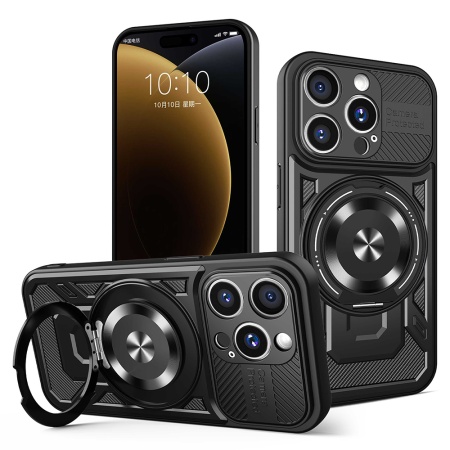 Husa pentru iPhone 15 Pro Max, SKYDDAR INNOVATION, RuggedCam, Inel magnetic antisoc, set cu sticker, Negru