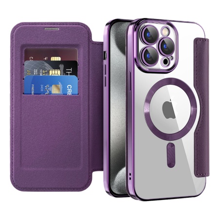 Husa pentru iPhone 15 Pro Max tip carte, SKYDDAR INOVATION, SmartMag Book, Magsafe, RFiD, Suport Carduri, set cu sticker, Mov