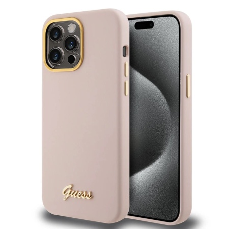 Husa pentru iPhone 15 Pro Silicone Script Metal Logo & Frame, Guess - Roz deschis