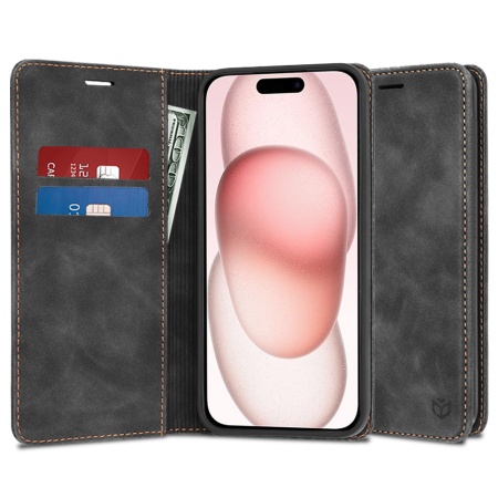 Husa pentru iPhone 15, SKYDDAR INNOVATION, Soft Wallet, tip Carte din piele Eco Premium, cu Portofel Interior, Negru, set cu sticker
