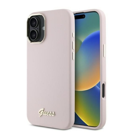 Husa pentru iPhone 16 Plus Silicone Script Metal Logo & Frame, Guess - Roz