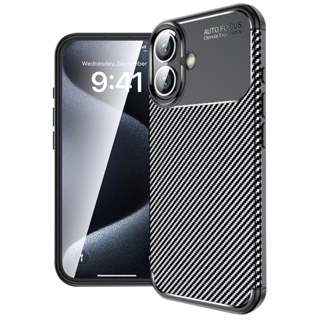 Husa pentru iPhone 16 Plus, SKYDDAR INNOVATION, CarbonFiber, Antisoc, Negru, set cu sticker