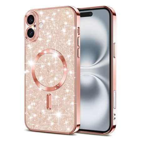 Husa pentru iPhone 16 Plus, SKYDDAR INNOVATION, Luxury Glitter Magsafe, Antisoc, Fundal Detasabil 2-in-1, Protectie Superioara, Margini Ridicate, Roz auriu, set cu sticker