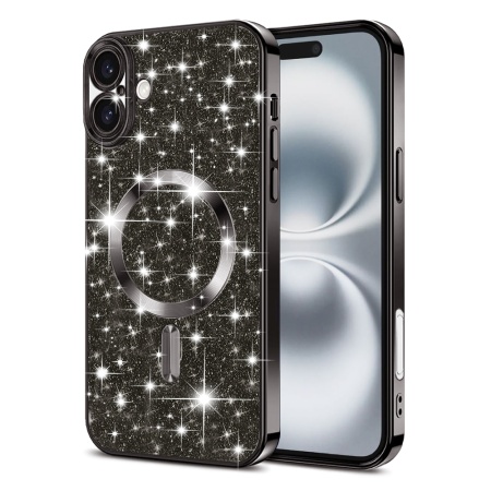 Husa pentru iPhone 16 Plus, SKYDDAR INNOVATION, Luxury Glitter Magsafe, Antisoc, Fundal Detasabil 2-in-1, Protectie Superioara, Margini Ridicate, Negru, set cu sticker