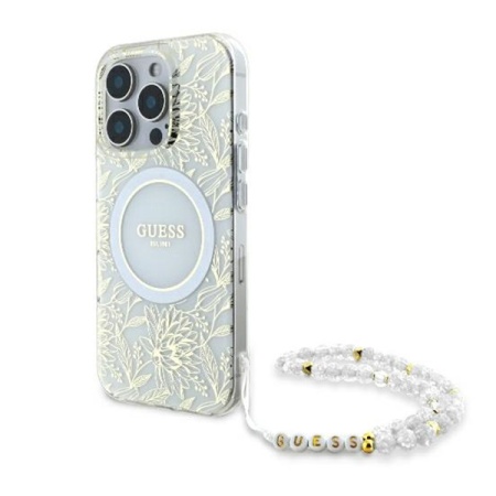 Husa pentru iPhone 16 Pro, IML Flowers Allover Electro With Pearl Strap MagSafe, Guess - Alb