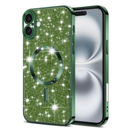 Husa pentru iPhone 16, SKYDDAR INNOVATION, Luxury Glitter Magsafe, Antisoc, Fundal Detasabil 2-in-1, Protectie Superioara, Margini Ridicate, Verde, set cu sticker