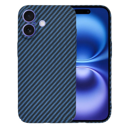 Husa pentru iPhone 16, SKYDDAR INNOVATION, textura carbon, Carbonite FiberShell, Cyan, set cu sticker