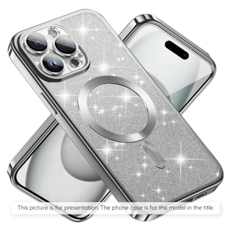 Husa pentru iPhone 17 Pro, SKYDDAR INNOVATION, Luxury Glitter Magsafe, Antisoc, Fundal Detasabil 2-in-1, Margini Ridicate, set cu sticker, Argintiu