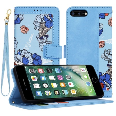 Husa pentru iPhone 8 Plus / 7 Plus, SKYDDAR INNOVATION, Flipcraft din Piele Ecologică, Stand Integrat, Buzunare pentru Carduri, set cu sticker, Bleu