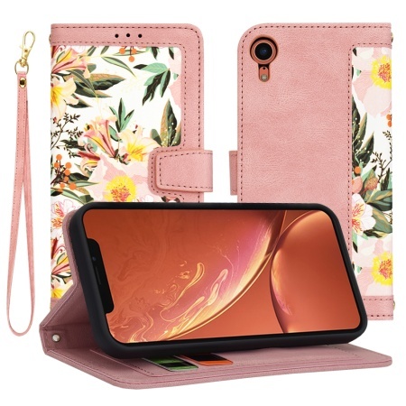 Husa pentru iPhone XR, SKYDDAR INNOVATION, Flipcraft din Piele Ecologică, Stand Integrat, Buzunare pentru Carduri, set cu sticker, Roz