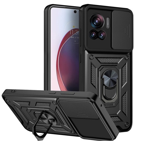 Husa pentru Motorola Edge 30 Ultra, SKYDDAR INNOVATION, CamShield, Inel magnetic, set cu sticker, Negru